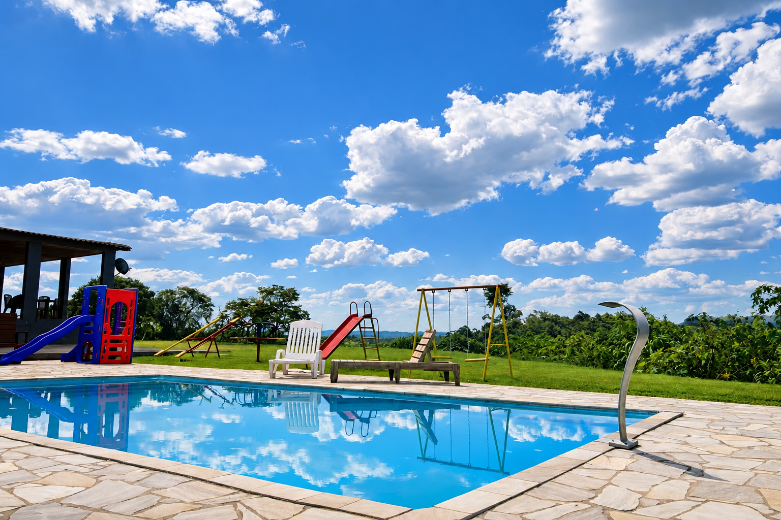 Piscina ao ar livre com cascata e vista para a natureza